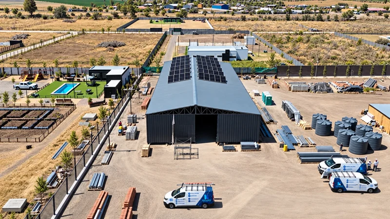 Vista aérea de un edificio de cubierta gris equipado con paneles solares.