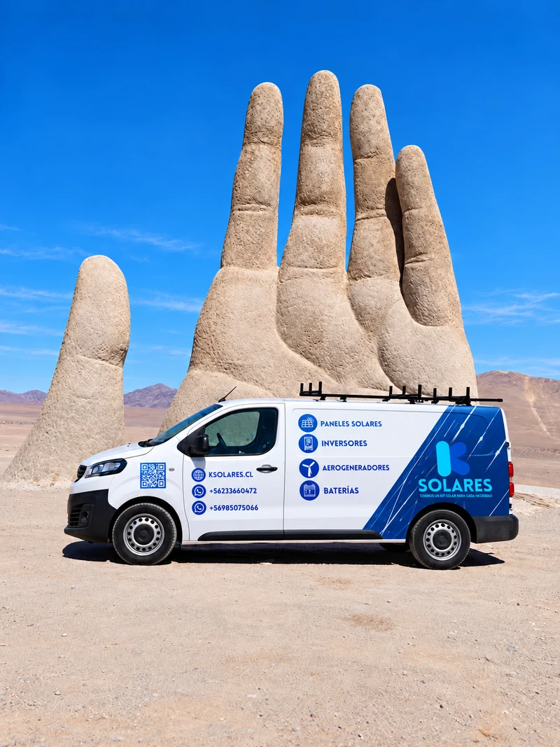 Vehículo de K Solares frente a la escultura de una mano en un paisaje desértico.