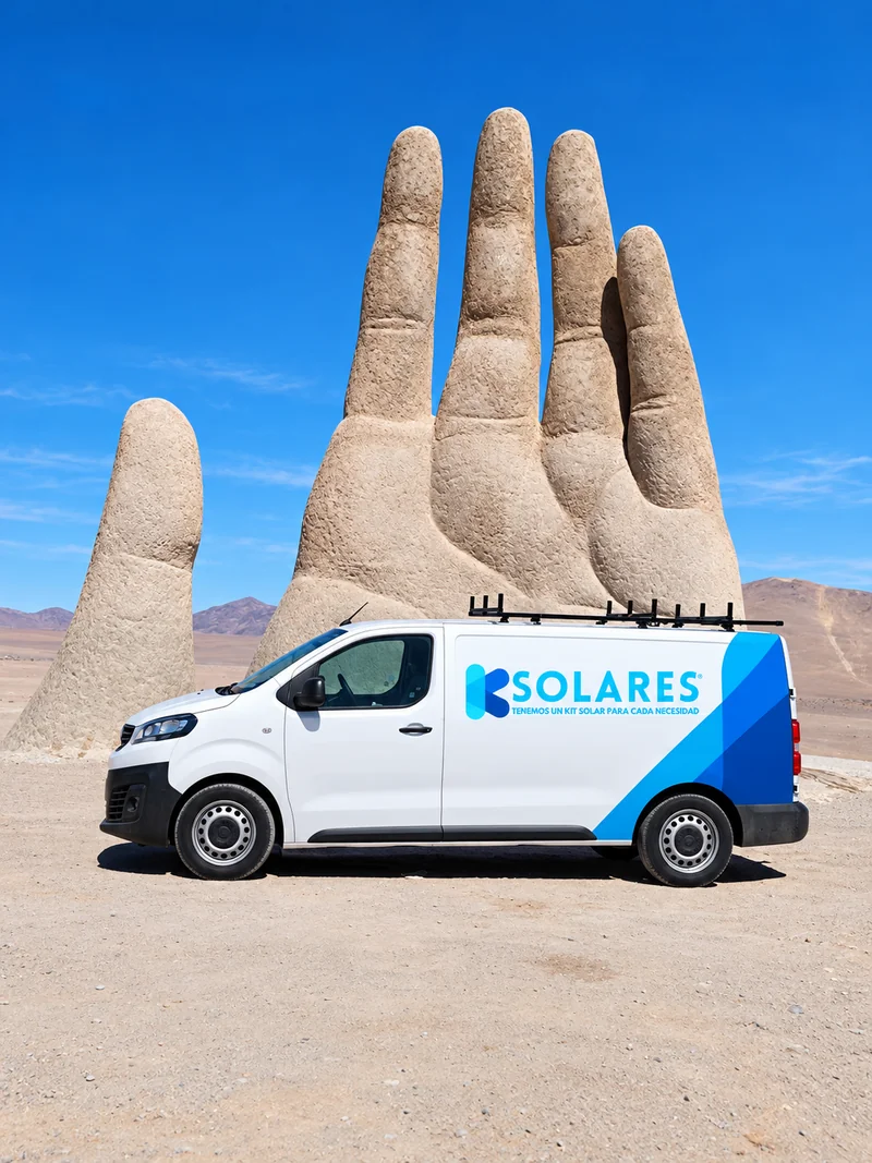Vehículo de K Solares frente a la escultura de una mano en un paisaje desértico.