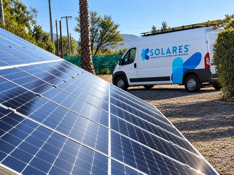 Primer plano de paneles y vehículo de K Solares junto a una instalación.
