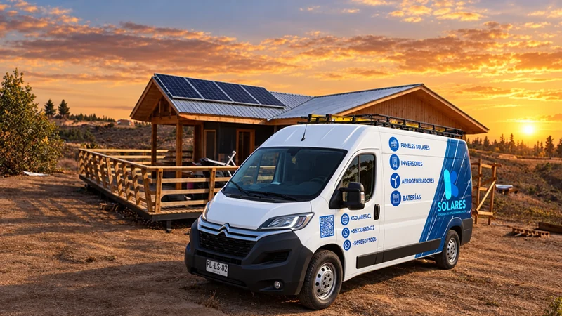 Vehículo de K Solares y vivienda de madera con paneles bajo un cielo al atardecer.