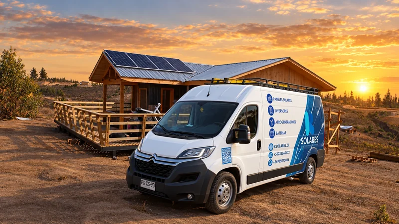 Vehículo de K Solares y vivienda de madera con paneles bajo un cielo al atardecer.