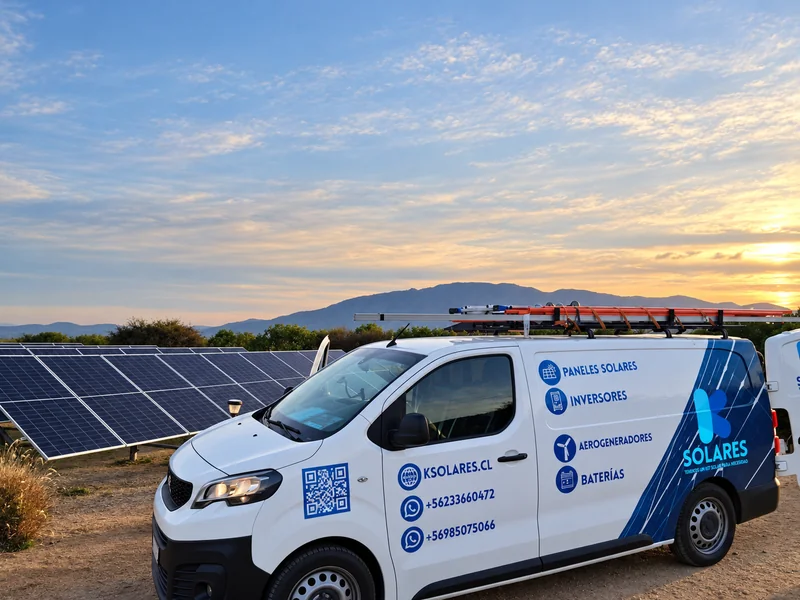 Vehículo de K Solares junto a un conjunto de paneles, con cielo al atardecer.
