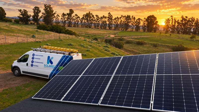 Paneles solares en un terreno verde y vehículo de K Solares al atardecer.