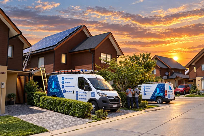 Vehículos de K Solares junto a viviendas con paneles solares al atardecer.