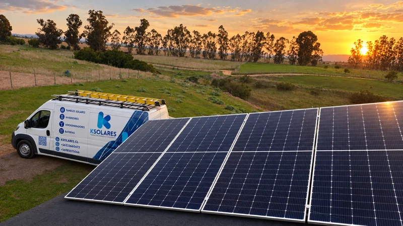 Paneles solares y vehículo de K Solares en un paisaje al atardecer.