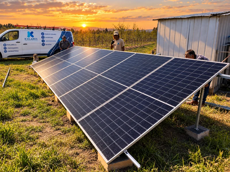 Paneles montados junto a una construcción con un vehículo de K Solares al fondo.