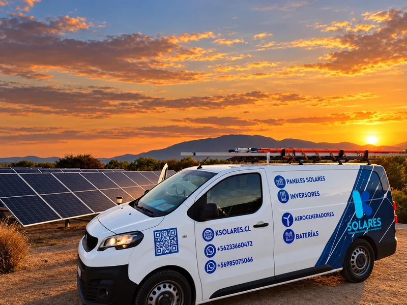 Vehículo de K Solares y paneles solares con un paisaje al atardecer.