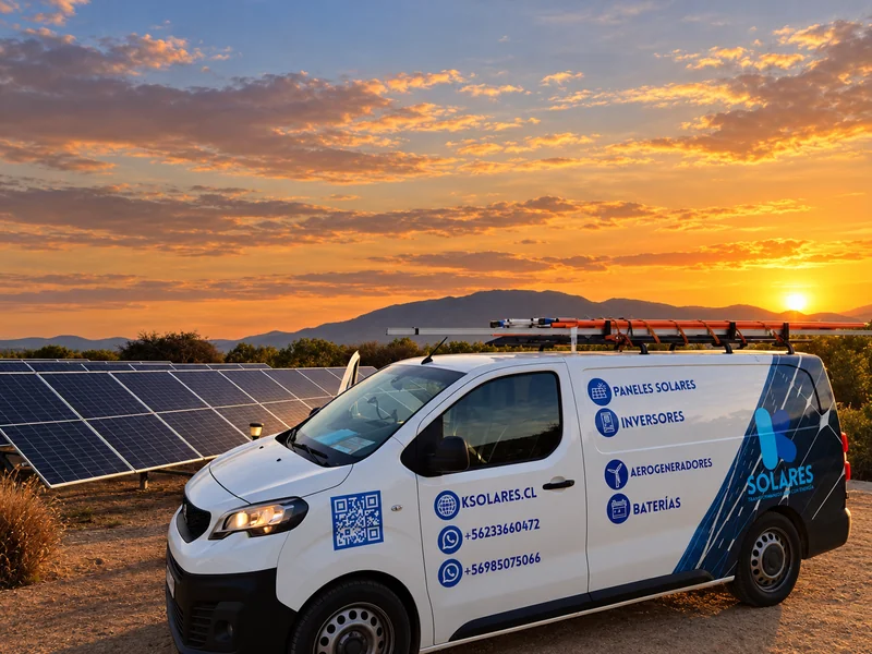 Vehículo de K Solares y paneles solares con un paisaje al atardecer.