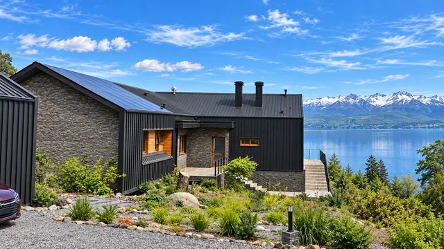 Casa oscura con paneles en el techo y un lago al fondo.